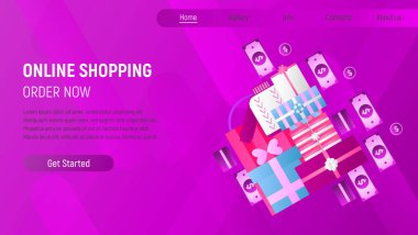 Alışveriş online açılış sayfası. E-ticaret kavramı. Alışveriş kutular ve çantalar, para, Lirası menekşe degrade arka plan üstünde. Vektör çizim mobil uygulamaları ve Web sitesi tasarımı için.