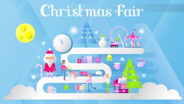 Noel pazarı afiş. Genç insanlar adil Noel alışveriş yapma. Sayfa şablon Online tatil alışveriş / açılış. Modern düz tasarım. Vektör çizim mobil uygulamalar, Web sitesi tasarımı için.