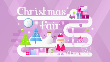 Online Noel Fuar Açılış sayfası - kış tatilleri şablon satın alır. Modern düz tasarım kutuları, çantalar, Xmas karakter alışveriş. Vektör çizim mobil uygulamaları ve Web sitesi için. 