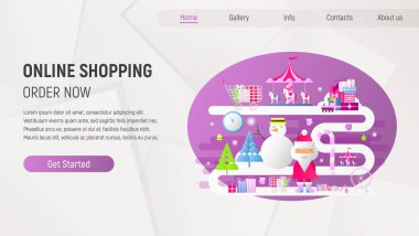Açılış sayfası - kış tatil alışveriş şablonu alışveriş online Noel. Modern düz tasarım kutuları, çanta, Xmas karakterler ve öğeleri alışveriş. 