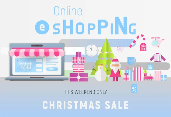 Online Shopping Kerstmis Verkoop Banner Kerstman Sneeuwman Fir Tree Aankopen — Stockvector