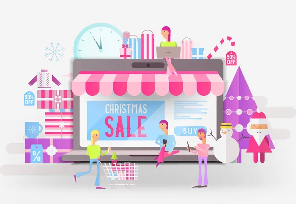 Commerce Christmas Sale Banner Santa Claus Snowman Young People Who — Stock Vector