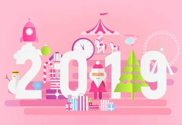 Modern Flat Design New Year Card 2019 Pink Background Santa — Stock Vector