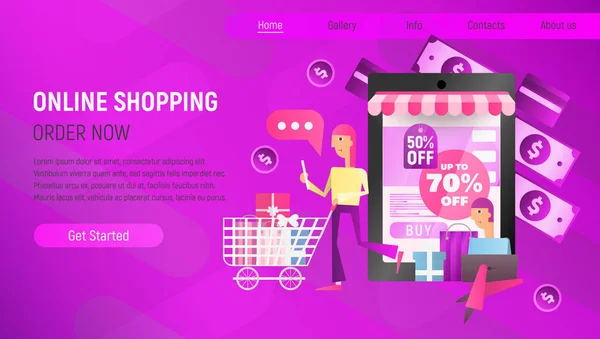 ランディング ページのオンライン ショッピング コマースのコンセプトです 若い男とラップトップを使用して女の子を作る購入大きなスマート フォンに近い 紫色のグラデーション背景 モバイル アプリや Web — ストックベクタ