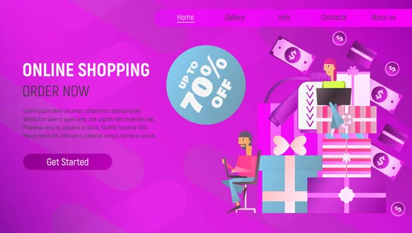 Zielseite Für Online Einkäufe Commerce Konzept Junge Männer Und Mädchen — Stockvektor