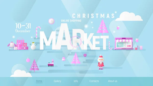 Marché Noël Page Atterrissage Équitable Objets Noël Éléments Design Sur — Image vectorielle