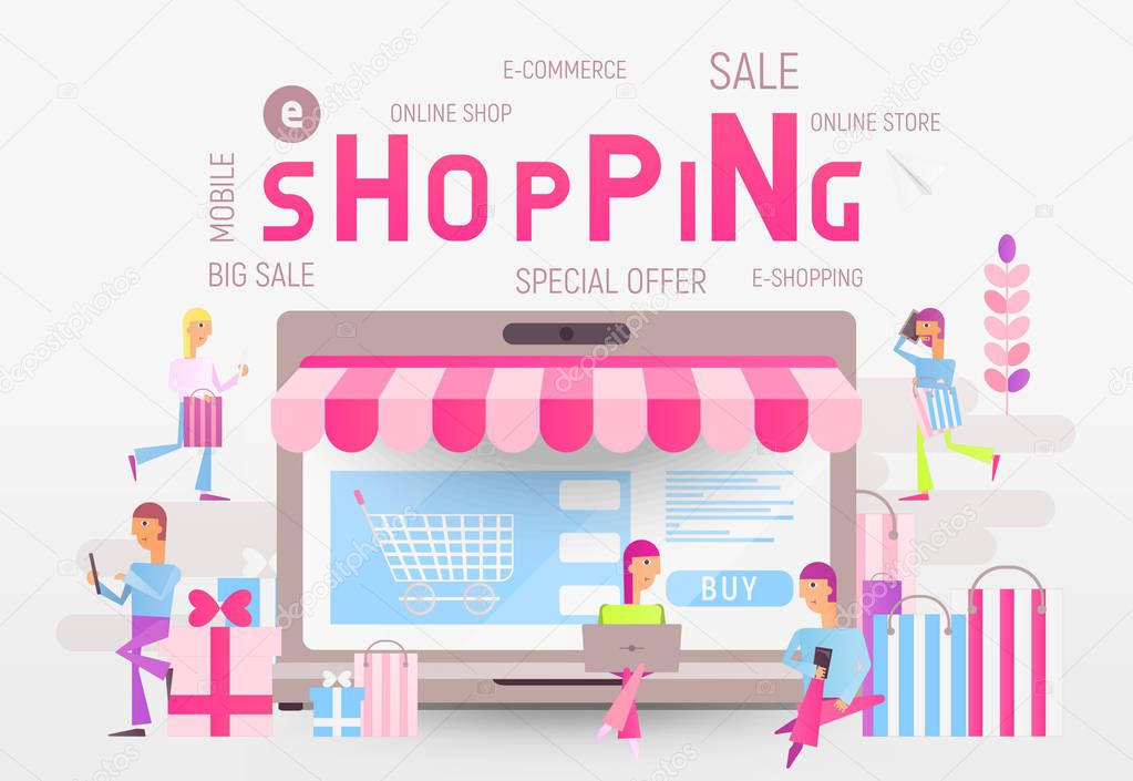 Modern Flat Design Concept of E-commerce Online  -  Young Men and Women  who do Mobile Shopping in front of Huge Laptop. Vector Illustration for Digital Marketing Banner and Landing Page with Text.