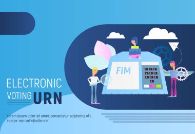 İnsanlar elektronik Urn kullanarak seçimler yapmak. Modern elektronik oylama sistemi seçimi üzerinde mavi arka plan için. Web sayfası, Web sitesi, afiş, sosyal medya ve açılış sayfası için vektör çizim.