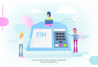 Erkekler ve kadınlar yapma seçenekleri kullanarak elektronik Urn vardır. Modern elektronik oylama sistemi seçimi üzerinde mavi arka plan için. Web sayfası, Web sitesi, afiş, sosyal medya ve açılış sayfası için vektör çizim.