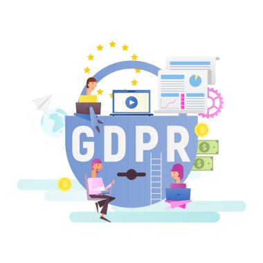 Modern düz tasarım kavramı Gdpr - genel veri koruma yönetmeliği genç insanlara yakın büyük asma kilit. Web sayfası, afiş, sosyal medya ve açılış sayfası için vektör çizim. 