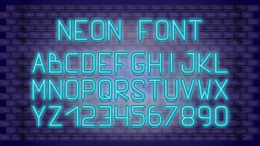 Dekorasyon için Neon parlayan alfabe. Retro floresan şenlikli Abc yazı tipi afiş. Mavi Neon harfler ayarlayın. Vektör çizim. Modern tipografi tasarım