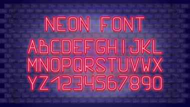 Parlak kırmızı Neon karakter yazı tipi. Parlak floresan Festival ışık efekti alfabesi - harfler, sayılar - reklam için. Retro 80'ler Techno asit tarzı. Vektör çizim.