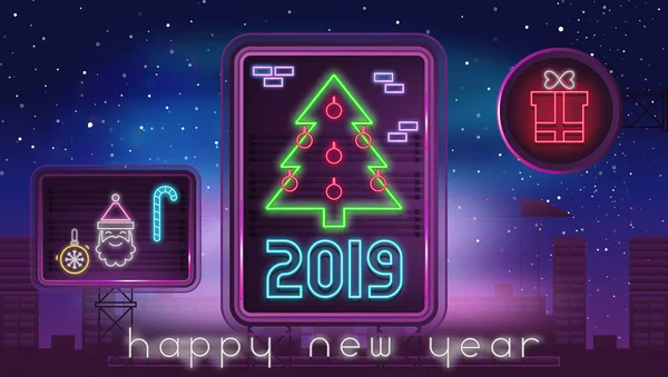 Neon Design Happy New Year Greeting Card. Bright Signboards with Shine Christmas Characters, Objects and Emblems on Night Town Background. Xmas Light banners. Vector Illustration.