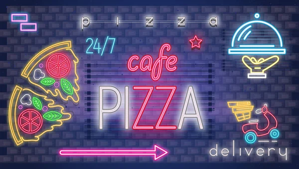 Nowoczesny Miejski Neon Świecące Znak Dla Pizza Cafe Logo Godło — Wektor stockowy