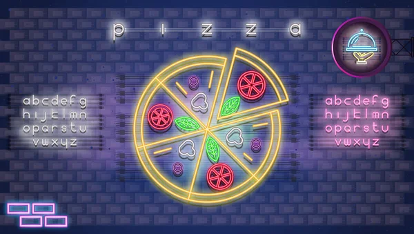 Moderne Stedenbouw Van Neon Teken Met Hele Pizza Cafe Logo — Stockvector