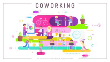 Genç masada oturan dizüstü bilgisayar ve akıllı telefonlar kullanan kişiler ile yer coworking. Modern çalışma tarzı Hipsters veya serbest. Takım çalışması ve ortak çalışanlar arasındaki iletişim. Vektör çizim.