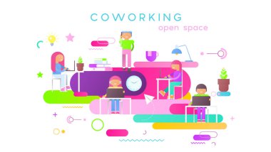 Uzay kavramı - Modern iş arkadaşınız Merkezi'nde çalışan genç çizgi film yaratıcı insanlar coworking. Vektör çizim. Trendy renkler. Beyaz arka plan.