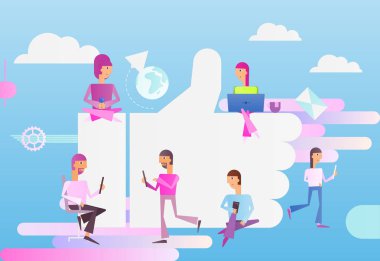 Modern düz tasarım kavramı, sosyal medya ile karakterler - insanlar ben gibi büyük sembolü yakınındaki eğilim izleyin. Vektör çizim.