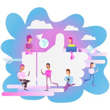 Modern düz tasarım kavramı, sosyal medya ile karakterler - insanlar eğilim büyük ben gibi sembolü yakınındaki mavi arka plan üzerinde izleyin. Vektör çizim. Kare biçimi.