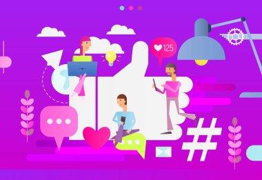 Modern düz tasarım kavramı, sosyal medya ile karakterler - insanlar ultraviyole arka plan üzerinde eğilim ben gibi büyük sembolü yakınındaki izleyin. Vektör çizim.