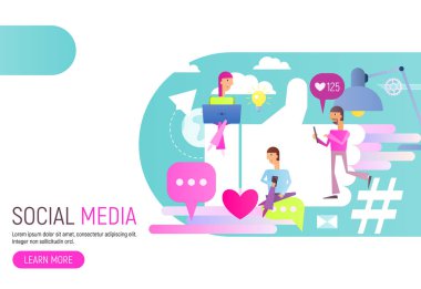 Modern düz tasarım kavramı, sosyal medya ile karakterler - insanlar konuşuyor ve bir sohbet, etiket veya Post yorum Online yakınındaki büyük sembolü gibi. Vektör çizim.