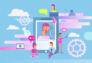 Sosyal ağ kavramı - sosyal medya mesaj göndermek için cep telefonu, dizüstü bilgisayar ve akıllı telefon kullanan gençlerin. Vektör çizim.