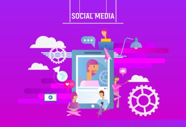 Sosyal ağ kavramı - genç insanlar kullanarak cep telefonu ve Laptop için sosyal medya büyük Smartphone ile fotoğraf yakınındaki mesaj gönderme. Ultraviyole arka plan. Vektör çizim.