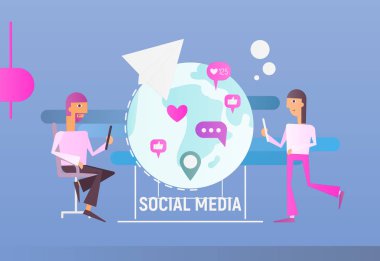 Dünya Smartphone ile yakın sosyal medya kavramı - sanal iletişim, ileti kişi. Vektör çizim.