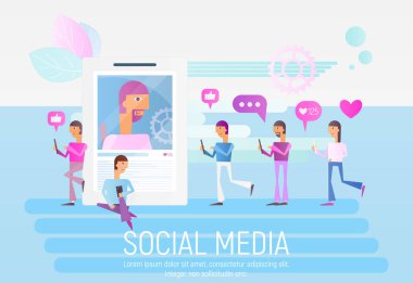 Sosyal ağ kavramı - genç insanlar kullanarak cep telefonu ve Laptop için sosyal medya büyük Smartphone ile fotoğraf yakınındaki mesaj gönderme. Vektör çizim.