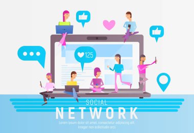 Sosyal medya kavramı. Genç insanlar kullanma taşınabilir gadget'lar - Laptop ve sosyal ağ ve bloglama büyük bilgisayarın yakınında için Smartphone. Vektör çizim.