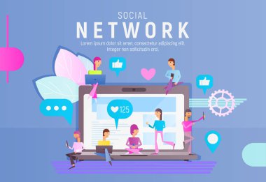 Sosyal ağ kavramı. Genç insanlar kullanma Mobil Gadget'ları - Laptop ve Smartphone sosyal ağ ve bloglama için mavi arka plan üzerinde büyük bilgisayar near. Vektör çizim.