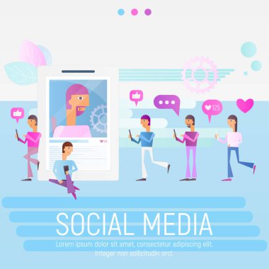 Sosyal ağ kavramı - genç insanlar kullanarak cep telefonu Selfie yapmak için mesaj gönderme yakınındaki büyük Smartphone fotoğraf ile sosyal medya. Kare biçimi. Vektör çizim.