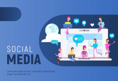 Sosyal ağ kavramı. Genç insanlar kullanma taşınabilir gadget'lar - Laptop ve sosyal ağ ve bloglama büyük bilgisayarın yakınında için Smartphone. Vektör çizim.