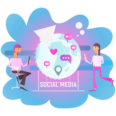 Dünya Smartphone ile yakın sosyal medya kavramı - sanal iletişim, ileti kişi. Vektör çizim. Kare biçimi.