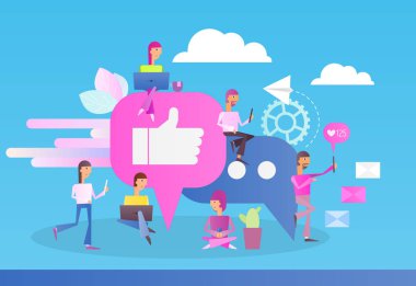 Modern düz tasarım kavramı, sosyal medya ile karakterler - insanlar konuşuyor ve bir sohbet, etiket veya Post yorum Online Big ben gibi sembol yakınındaki. Vektör çizim.