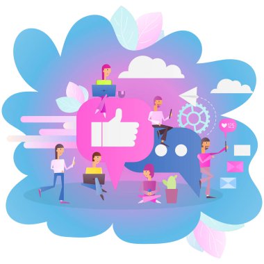 Modern düz tasarım kavramı, sosyal medya ile karakterler - insanlar konuşuyor, yapma Selfie ve bir sohbet, etiket veya Post yorum Online yakınındaki büyük sembolü. Vektör çizim. Kare biçimi.