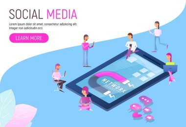 Modern düz tasarım kavramı, sosyal medya ile karakterler - takipçileri izleyin sosyal eğilim yakınındaki büyük Smartphone. Vektör çizim.