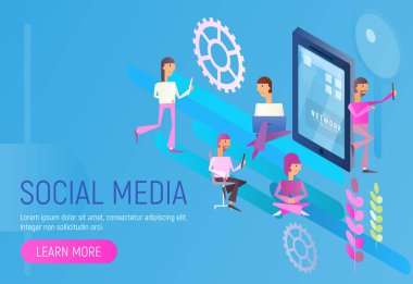 Modern düz tasarım kavramı, sosyal medya ile karakterler - takipçileri izleyin sosyal eğilim izometrik büyük Smartphone yakınındaki. Vektör çizim.