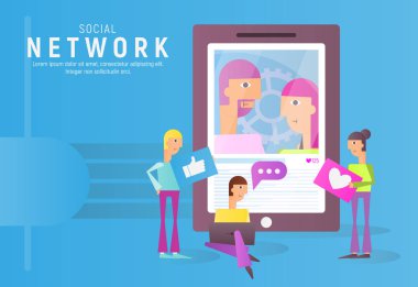 Modern düz tasarım kavramı, sosyal medya ile karakterler - insanlar Trend çift fotoğraf ile büyük Smartphone yakınındaki izleyin. Ağ Banner Web için. Vektör çizim.