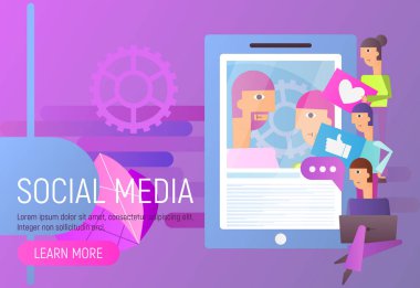 Sosyal medya kavramı. Genç insanlar kullanma taşınabilir gadget'lar - Laptop ve sosyal ağ ve bloglama için Smartphone büyük mobil Tablet oteller. Vektör çizim.