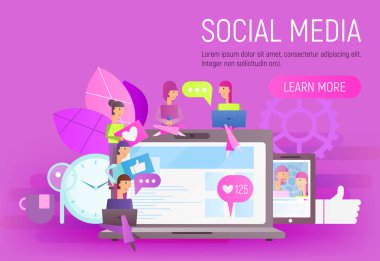 Sosyal ağ kavramı. Genç insanlar kullanma taşınabilir gadget'lar - Laptop ve sosyal ağ ve bloglama için Smartphone Violet arka plan üzerinde büyük Laptop yakınındaki. Vektör çizim.