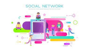 Modern düz tasarım kavramı, sosyal medya ile karakterler - takipçileri izleyin sosyal eğilim yakınındaki büyük Smartphone. Vektör çizim. Trendy renkler.