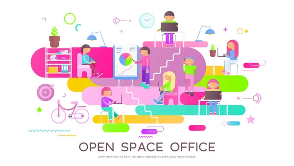 Oficina Espacio Abierto Concepto Coworking Con Jóvenes Sentados Mesa Usando — Vector de stock