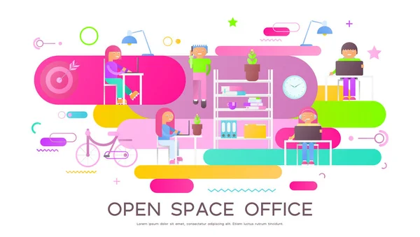 Coworking Space Concept Νέοι Κινουμένων Σχεδίων Δημιουργικοί Άνθρωποι Εργάζονται Σύγχρονο — Διανυσματικό Αρχείο