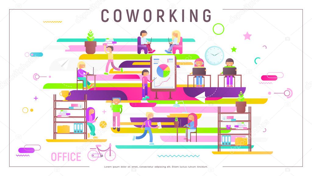Coworking Space Concept - Young Cartoon People Working in Creative Office and Co-working Center. Vector Illustration. Trendy Colors. Modern Work Style for Hipsters and Freelancers.