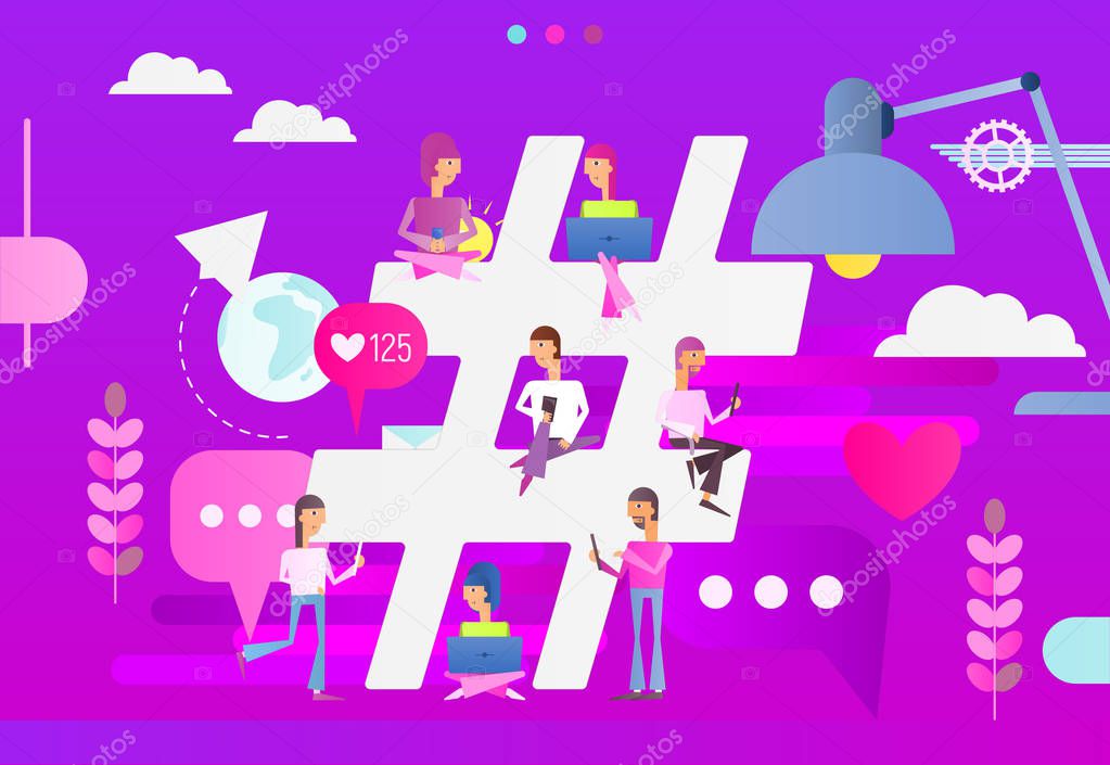 Hashtag Concept - Young People Using Laptop and Smartphone for Sending Posts in Network near Big Symbol Hashtag. Modern Flat Design of Vector Illustration.