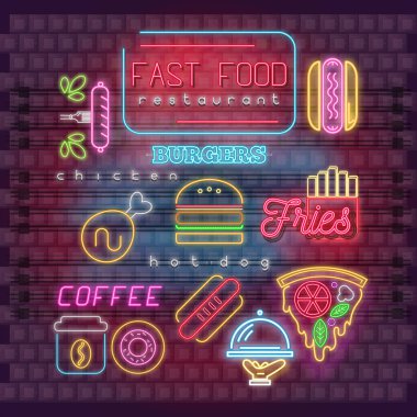 Neon işareti için Fast Food Restoran, Logo, amblem Bar parlayan modern kentsel tasarımı. Parlak tabela tuğla duvar gece kasabada. Set yiyecek ve içecek Neon tabela. Vektör çizim. Kare biçimi.