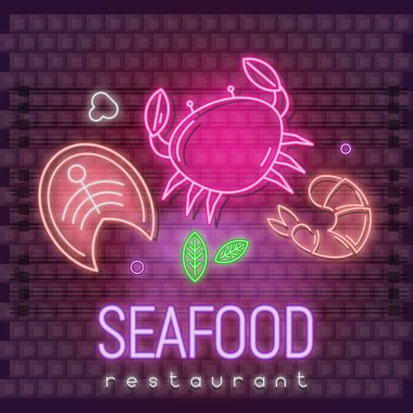 Deniz ürünleri Restoran Neon Poster floresan yengeç elektrik parlayan, somon, karides simgeler tuğla duvar ile. Balık ve deniz gıda Neon metin adı Cafe. Retro tarzı. Ultraviyole vektör çizim.