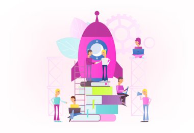 Modern düz tasarım kavramı başlangıç yeni iş gençlerin çoğu roket başlatılması. Web sitesi, afiş, sosyal medya ve açılış sayfası için vektör çizim