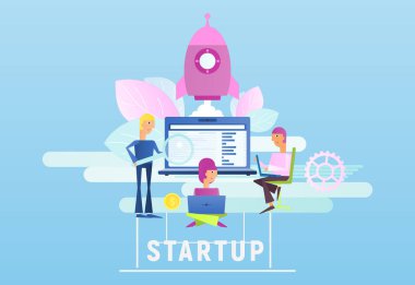 Modern düz tasarım kavramı başlangıç yeni iş gençlerin büyük Laptop yakınındaki roket başlatılması vardır. Web sitesi, afiş, sosyal medya ve açılış sayfası için vektör çizim